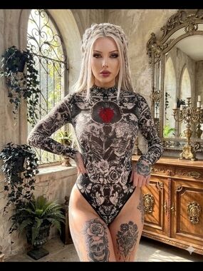 Black Gothic Floral Long-Sleeve Bodysuit with Red Heart Accent